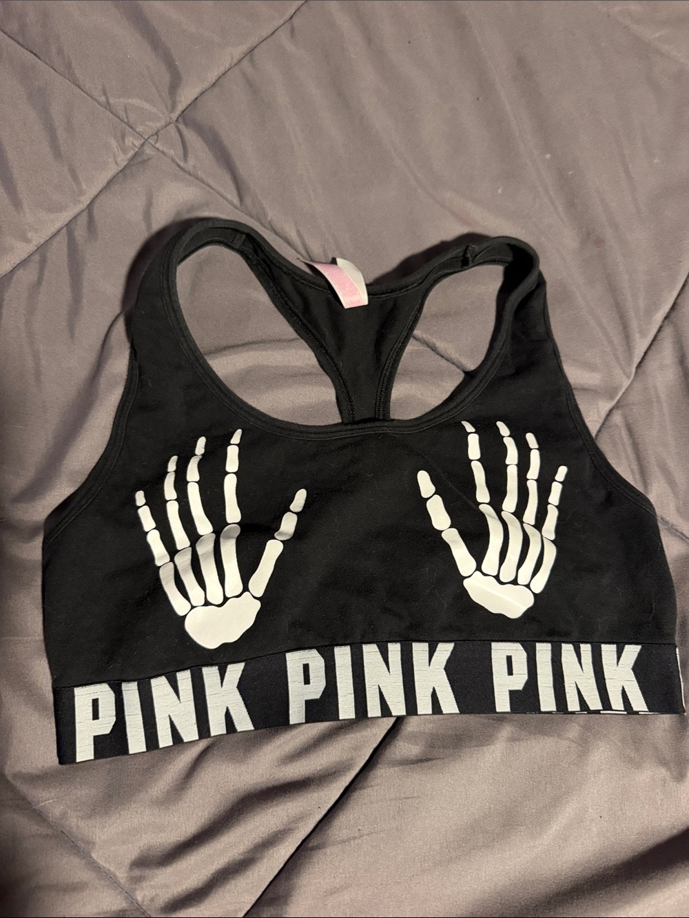 PINK Victoria's Secret Black Sports Bra with White Skeleton Hands Graphic